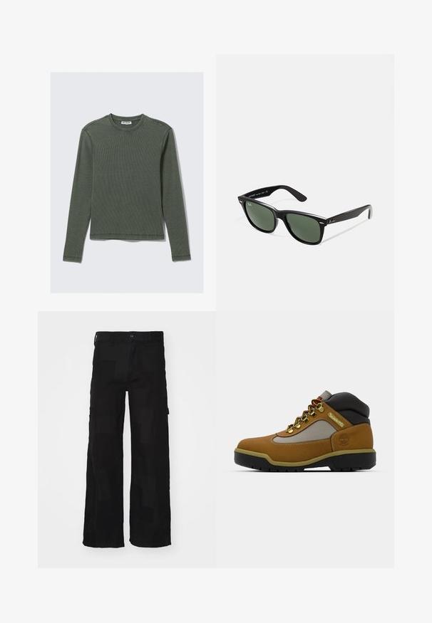 Langærmet, ribbet top i mørkegrøn med rund halsudskæring og lige kant. Fremstillet af blødt stof med minimale sømme og ingen synlige mønstre.; Sorte cargo-bukser lavet af en bomuldsblanding, med en løs pasform, to sidelommer, en knaplukning og en glat tekstur med et subtilt mønster.; Brun vandrestøvle med grå og sorte accenter, tekstureret læderoverdel, metaløjer og en robust gummisål til godt greb.; Sorte plastiksolkaber med grønne linser, firkantede stel, sølvaccent på brynene og teksturerede templede arme. Angivet mærke på den indre arm.