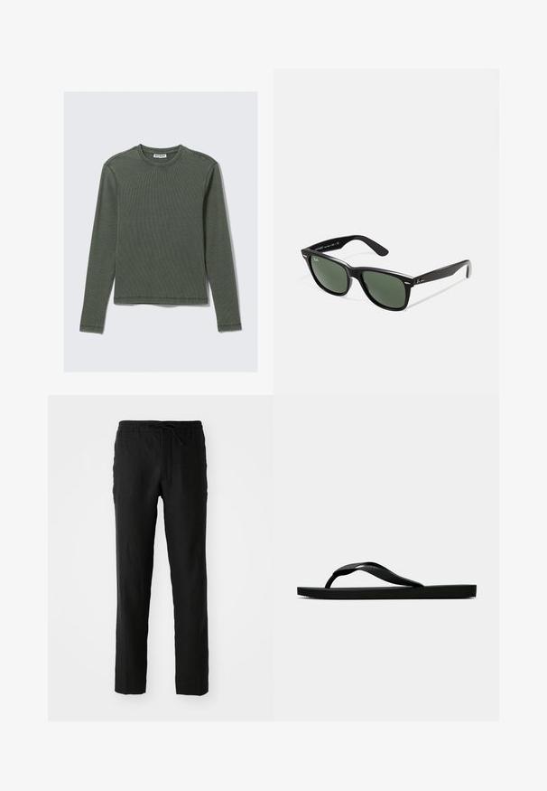 Long-sleeve, ribbed top in dark green, featuring a crew neckline and straight hem. Made of soft fabric, with minimal seams and no visible patterns.; Black linen pants with an elastic waistband and drawstring. Straight-leg design and smooth texture. Suitable for casual wear.; Black rubber flip-flop sandal with a textured thong strap and simple flat sole, shown from side on a plain light background.; Black plastic sunglasses with green lenses, square frames, silver accent on the brow, and textured temple arms. Stated brand on inner arm.