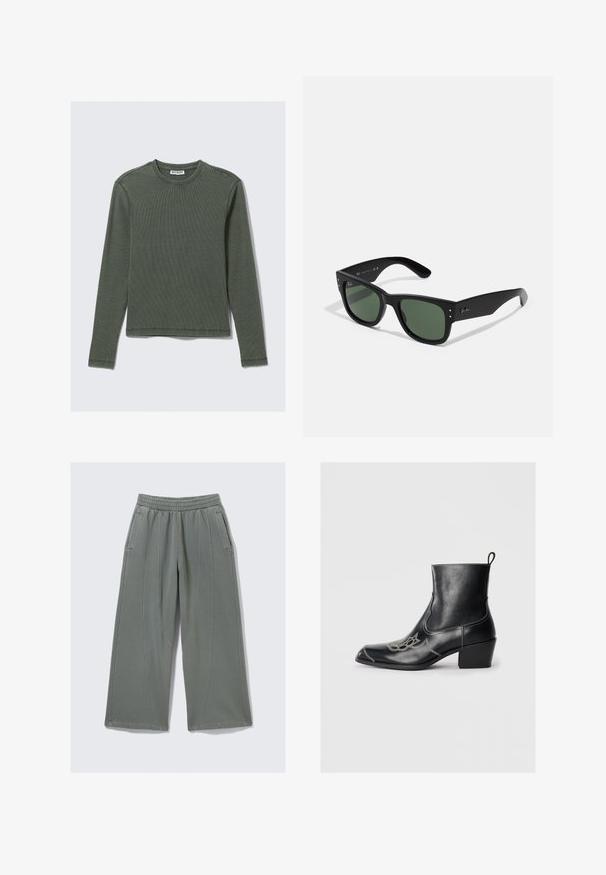 Hosszú ujjú, bordázott felső sötétzöld színben, kerek nyakkivágással és egyenes szegéllyel. Puha anyagból készült, minimális varrásokkal és látható minták nélkül.; Világosszürke, bő szárú nadrág puha anyagból, rugalmas derékbőséggel és két oldalsó zsebbel, látható varrási részletekkel.; Fekete bőr bokacsizma négyzetes orral, díszített varrással és alacsony tömbsarokkal. Húzófüllel a könnyű felvétel érdekében.; Fekete téglalap alakú napszemüveg zöld lencsékkel, matt felülettel, diszkrét fém részletekkel és dombornyomott logóval a halántékon.
