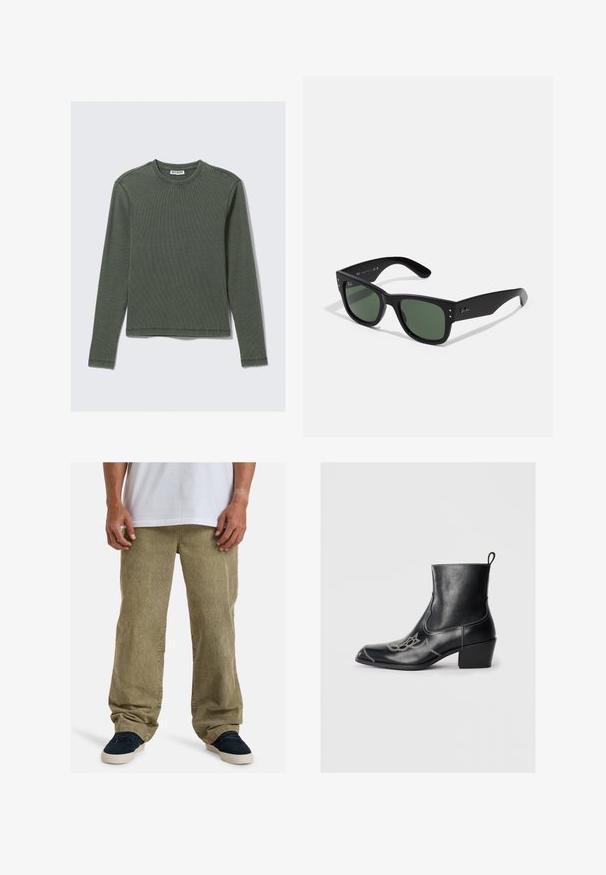 Tamsiai žalia ilgomis rankovėmis, raukšlėta viršūnė, su apvaliu iškirpimu ir tiesiu kraštu. Pagaminta iš minkštos medžiagos, su minimaliais siūlais ir be matomų raštų.; Alyvos žalios spalvos kordūrinės kelnės su laisvu siluetu, tiesiomis kojomis, šoninėmis kišenėmis ir matoma tekstūra iš griovelių audinio.; Juodos odinės ankle batai su kvadratiniu pirštu, dekoratyviomis siūlėmis ir žemu blokiniu kulnu. Turės trauktuką, kad būtų lengva apsiauti.; Juodos stačiakampės saulės akinių rėmelių su žaliais lęšiais, matinio paviršiaus, subtiliais detalėmis ir iškilniu logotipu ant šventyklos.