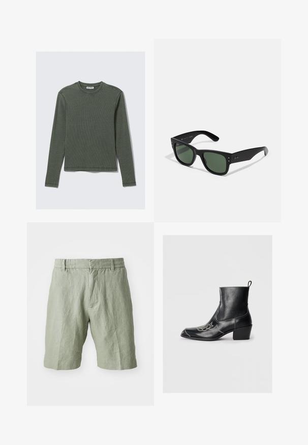 Langermet ribbestrikket topp i mørkegrønn, med rund halslinning og rett nederkant. Laget av mykt stoff, med minimale sømmer og ingen synlige mønstre.; Lys grønne linnedshorts med en afslappet pasform, elastisk talje og to forlommer. Glat tekstur med et afslappet design.; Svarte skinn ankelstøvler med firkantet tå, dekorativ søm og lav blokkhel. Har en trektegjenstand for enkel påkledning.; Sorte rektangulære solbriller med grønne linser, matt finish, subtile detaljer i hardware og preget logo på stangen.