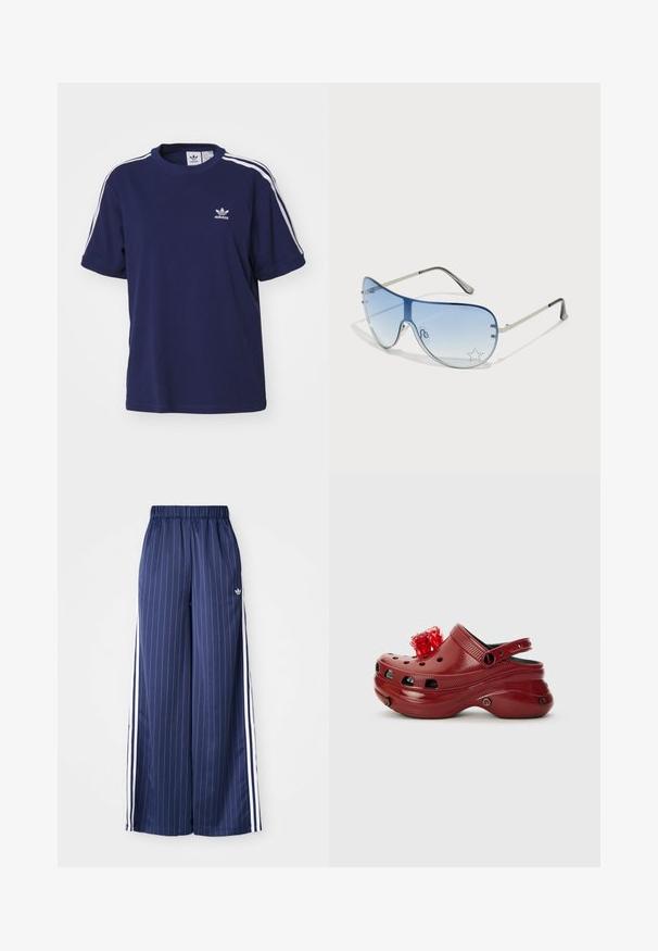 adidas Originals 3 STRIPE - T-shirt print - dark blue; Navyblauwe wijde broek met verticale witte strepen, elastische tailleband en drie witte strepen aan elke kant, gemaakt van een lichtgewicht materiaal.; Rode plastic klomp met ventilatiegaten, een verhoging bij de hak en een bloemaccent bovenop. Voorzien van een achterkantstrap en textuur aan de zijkanten.; Aviator zonnebril met een gradient blauwe lens, zilveren metalen frame en decoratieve sterrenaccenten op de lens. Glad en strak ontwerp.