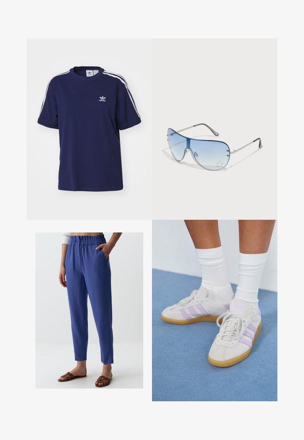 adidas Originals 3 STRIPE - T-shirt print - dark blue; Blauwe tapers met een elastische tailleband, zijzakken en een zachte textuur. Draag met bruine platte sandalen.; Lichtgrijze nubuck sneakers met drie lila strepen, een rubberen zool, platte veters en witte geribbelde sokken. Tegen een blauwe achtergrond.; Aviator zonnebril met een gradient blauwe lens, zilveren metalen frame en decoratieve sterrenaccenten op de lens. Glad en strak ontwerp.