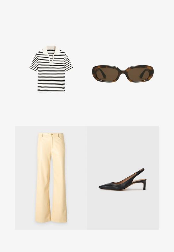 Pruhovaná polo košile s krátkým rukávem a ribbovanou texturou. Barvy: bílá a černá. Má výstřih do V a měkký, kontrastní límec.; Kalhoty s širokým nohavicemi v bledě žluté barvě, vyrobené z hladkého, lesklého materiálu. Obsahují přední knoflík, dvě boční kapsy a rovný střih.; Černé kožené slingback lodičky s špičatou špičkou, nízkým podpatkem a hladkým povrchem. Disponují tenkým nastavitelným páskem pro bezpečné uchycení.; Skořicové sluneční brýle s hladkým, zaobleným obdélníkovým rámem a hnědými skly. Mají tenké, zakřivené ramena s lesklým povrchem.