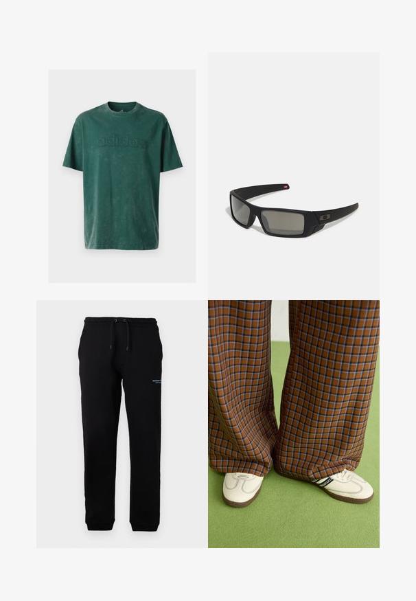 Donkergroene katoenen T-shirt met een ronde hals, korte mouwen en een geperst "adidas" logo op de borst in een bijpassende textuur.; Zwarte sweatpants met elastische tailleband en trekkoord, voorzien van zijzakken en een klein gedrukt logo op de linkerdij. Zachte stof.; Bruine en blauwe geruite wijde broek, gecombineerd met witte schoenen met zwarte accenten en een gestructureerde zool, gezet tegen een groene achtergrond.; Zwarte zonnebril met een matte afwerking, rechthoekige glazen, een lichte kromming op de slapen, subtiele logodetails en rookgetinte glazen.; Zwarte schoudertas met een gewatteerde textuur, een ronde vorm en een brede schouderband, met een reliëflogo aan de voorkant.