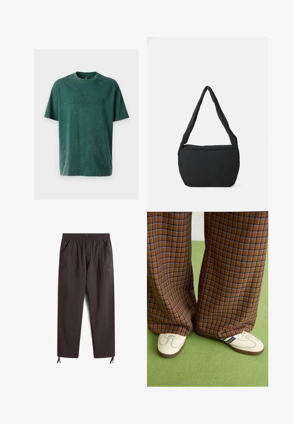 Dark green cotton t-shirt featuring a crew neck, short sleeves, and an embossed "adidas" logo across the chest in a matching texture.; Dark brown, lightweight, elastic waistband pants with two side pockets, tapered legs, and adjustable drawstrings at the cuffs.; Brown and blue plaid wide-leg trousers paired with white shoes featuring black accents and textured soles, set against a green background.; Black shoulder bag with a padded texture, a rounded shape, and a wide strap, featuring an embossed logo on the front.
