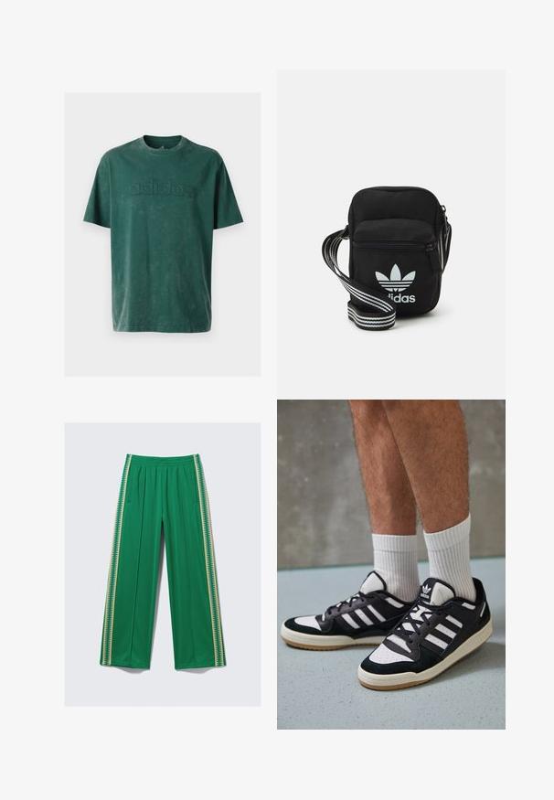 Dark green cotton t-shirt featuring a crew neck, short sleeves, and an embossed "adidas" logo across the chest in a matching texture.; Green wide-leg pants made of smooth fabric, featuring an elastic waistband and contrasting yellow side stripes with zigzag pattern.; Black and white sneakers with a suede and leather upper, featuring three white stripes, a perforated toe, and a gum rubber sole.; Black fabric crossbody bag with a zipper closure, featuring a white Adidas logo and a striped adjustable strap for easy carrying.