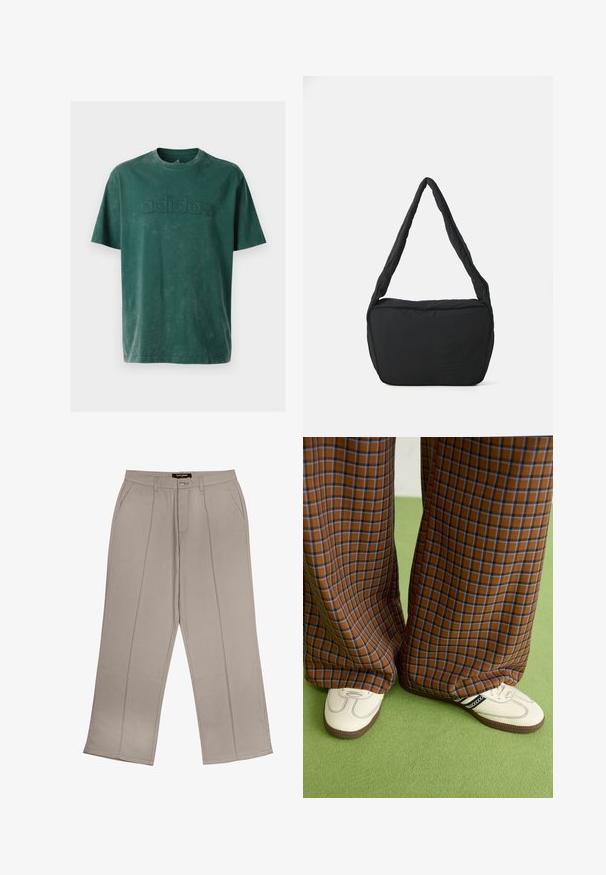 Tamsiai žalia medvilninė marškinėliai su apvalia kaklo iškirpte, trumpomis rankovėmis ir iškilus „adidas“ logotipas krūtinėje, atitinkamu tekstūroje.; Smėlio spalvos pločių kelnių, pagamintų iš audinio, su priekinėmis kišenėmis, užtrauktuku ir dviem vertikaliais siūlais ant kiekvienos kojos.; Rudos ir mėlynos langelinės plačios kelnės, derinamos su baltais batais su juodais akcentais ir tekstūruotais padais, prieš žalią foną.; Juodas pečių krepšys su paminkštinta tekstūra, apvalia forma ir plačia juostele, su iškilminiu logotipu priekyje.