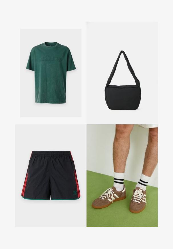 Tmavě zelené bavlněné tričko s kulatým výstřihem, krátkými rukávy a embosovaným logem "adidas" na hrudi ve stejném odstínu.; Černé šortky s červenými bočními pruhy a zeleným lemem. Elastický pas s zeleným logem Adidas na levé straně. Lehce materiál.; Hnědé semišové tenisky s bílými akcenty a tkaničkami. Gumová podrážka. Nošeny s bílými ponožkami s černými pruhy. Zelená strukturovaná podlaha.; Černá ramenní taška s polstrovanou texturou, zaobleným tvarem a širokým popruhem, na jejíž přední straně je vyražené logo.
