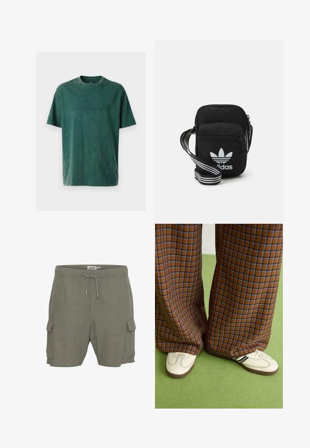 Tamnozelena pamučna majica s okruglim izrezom, kratkim rukavima i uvučenim "adidas" logotipom na prsima u istom reljefu.; Kargo šortsevi u maslinastozelenoj tkanini, sa pojasom na vezivanje, bočnim džepovima i laganim, teksturiranim materijalom.; Smeđe i plave karirane široke hlače uparene s bijelim cipelama s crnim akcentima i teksturiranim potplatom, na zelenoj pozadini.; Crna crossover torba od tkanine sa zatvaračem, sa bijelim Adidas logotipom i prugastim podešivim remenom za lako nošenje.