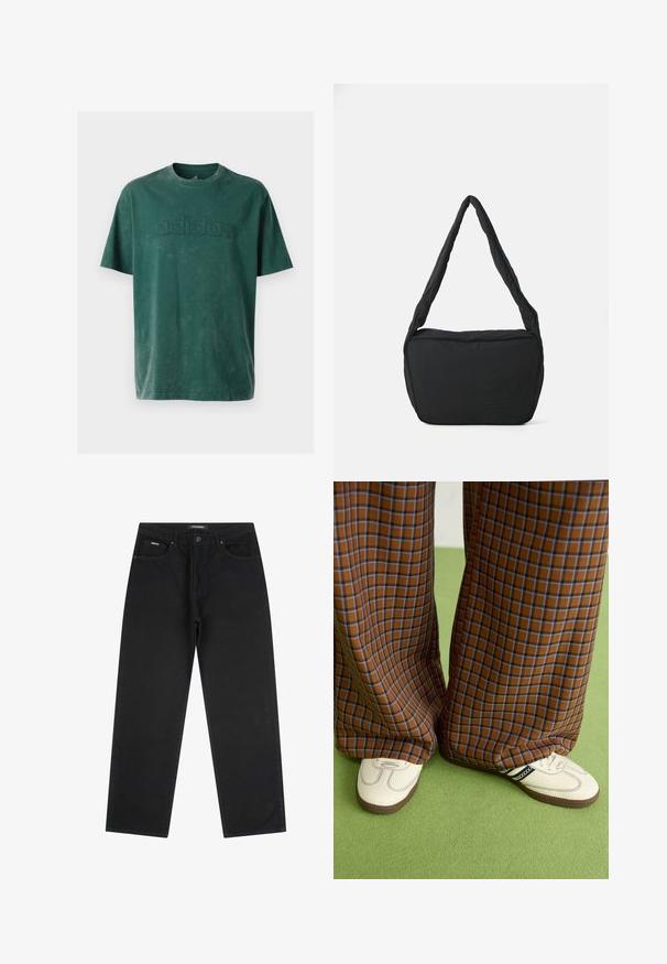 Camiseta de algodón verde oscuro con cuello redondo, mangas cortas y un logo "adidas" en relieve en el pecho con una textura a juego.; Jeans negros de pierna recta con botón y cremallera en la parte frontal, pasadores para cinturón y diseño de cinco bolsillos, colocados en plano sobre un fondo blanco.; Pantalones de pata de elefante de cuadros marrones y azules combinados con zapatos blancos con detalles en negro y suelas texturizadas, sobre un fondo verde.; Bolso negro de hombro con textura acolchada, forma redondeada y correa ancha, con un logo grabado en el frente.
