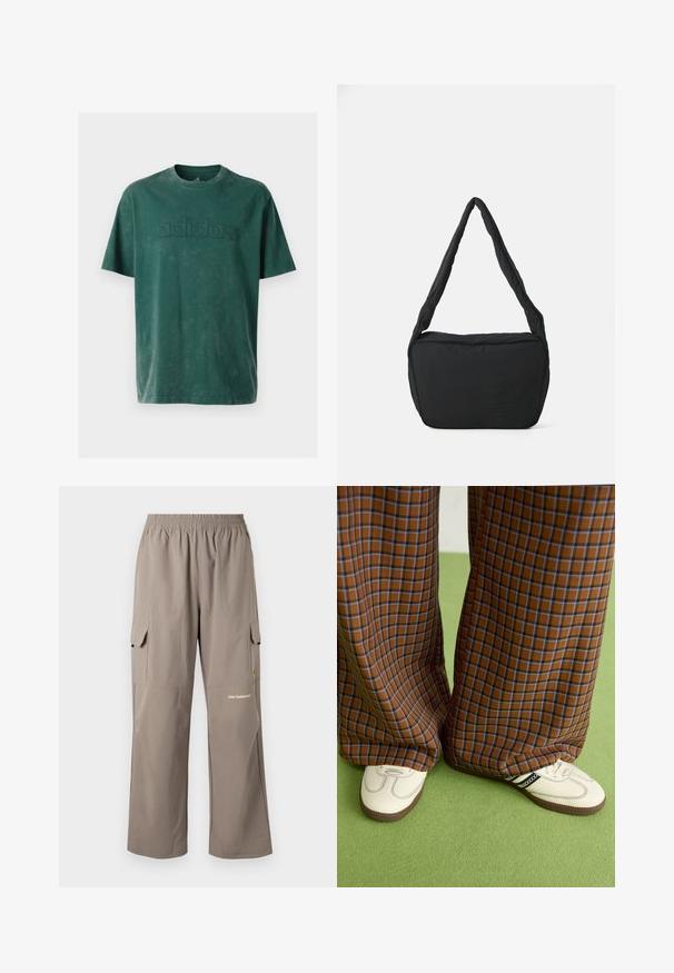 Dark green cotton t-shirt featuring a crew neck, short sleeves, and an embossed "adidas" logo across the chest in a matching texture.; Cargo pants made of lightweight fabric, in a taupe color, featuring an elastic waistband, side pockets, and a subtle brand logo.; Brown and blue plaid wide-leg trousers paired with white shoes featuring black accents and textured soles, set against a green background.; Black shoulder bag with a padded texture, a rounded shape, and a wide strap, featuring an embossed logo on the front.