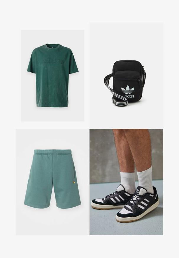 Dark green cotton t-shirt featuring a crew neck, short sleeves, and an embossed "adidas" logo across the chest in a matching texture.; Cotton blend shorts in a teal color with an elastic waistband, side pockets, and a small gold logo accent on the lower leg.; Black and white sneakers with a suede and leather upper, featuring three white stripes, a perforated toe, and a gum rubber sole.; Black fabric crossbody bag with a zipper closure, featuring a white Adidas logo and a striped adjustable strap for easy carrying.