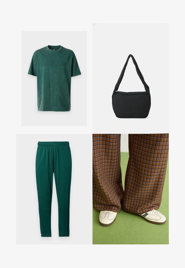 Dark green cotton t-shirt featuring a crew neck, short sleeves, and an embossed "adidas" logo across the chest in a matching texture.; Green jogger pants made of soft fabric, featuring an elastic waistband, tapered legs, and a smooth texture. No visible patterns or accents.; Brown and blue plaid wide-leg trousers paired with white shoes featuring black accents and textured soles, set against a green background.; Black shoulder bag with a padded texture, a rounded shape, and a wide strap, featuring an embossed logo on the front.