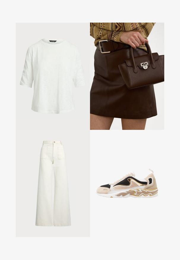 Hvid kortærmet T-shirt lavet af letvægtsstof. Har en rund halsudskæring og en afslappet pasform med et subtilt struktureret mønster.; Pæne brede jeans i off-white denim. Høj talje med knaplukning, to forlommer og detaljer med kontrastsyning.; Sneaker med en overdel i sort mesh, tan nubuck-detaljer og en guldmetallic detalje. Har en hvid sål med et bølgemønster.; Brun læderhåndtaske med en struktureret overflade og sølvhardware, holdt i hånden ved siden af en brun lædernederdel og en mønstret sweater.