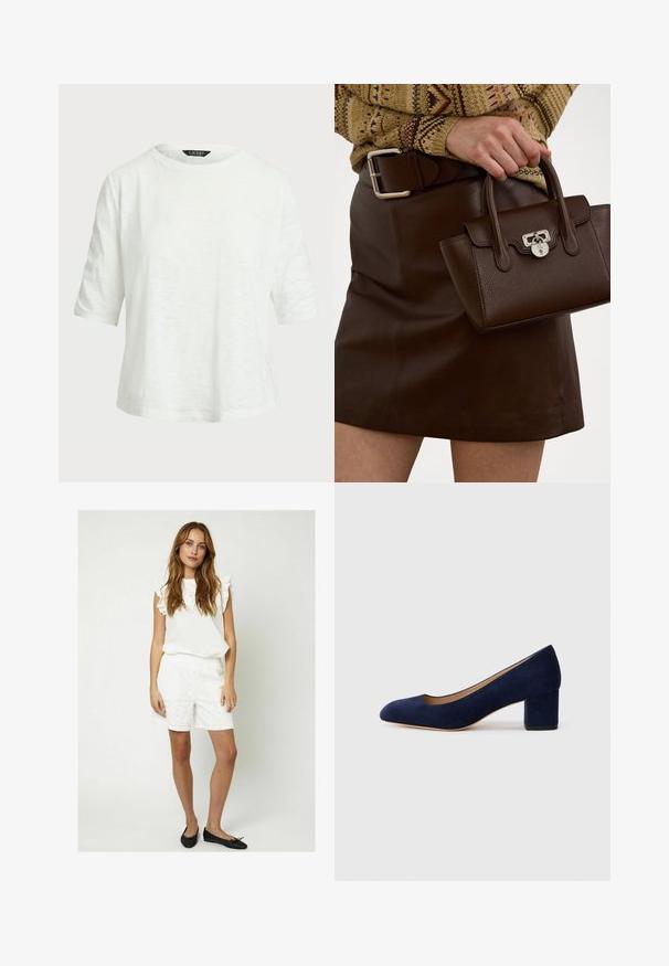 Hvid kortærmet T-shirt lavet af letvægtsstof. Har en rund halsudskæring og en afslappet pasform med et subtilt struktureret mønster.; Moves PENSI - Shorts - snow white; Marinblå ruskinds pumps med spids tå og en mellemstor blokhæl. Glat tekstur med en subtil glans og et lille udskæringer foran.; Brun læderhåndtaske med en struktureret overflade og sølvhardware, holdt i hånden ved siden af en brun lædernederdel og en mønstret sweater.