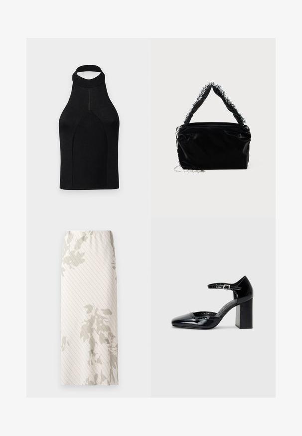 Svart halsremstopp med en tettsittende silhuett, laget av ribbestrikket stoff. Har høy nakke og sømløst design med en jevn tekstur.; Hvit skjørt med smalt stripe mønster og lys grå blomsterdesign. Elastisk midjebånd for en komfortabel passform.; Sorte lakk lær høye hæler med firkantet tå, ankelrem og chunky hæl. Inkluderer perforerte detaljer langs kanten.; Svart veske i faux lær med tekstur, med en perlet sølvdetalj langs det øverste håndtaket og en kjede-rem.
