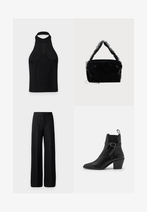 Melna halter top ar pieguļošu siluetu, izgatavota no ribota adījuma auduma. Ievērojams ar augsto kakla daļu un bezšuvju dizainu ar gludu tekstūru.; Platas kājas melnas bikses ar gludu, matētu tekstūru. Plats jostasvieta bez redzamām pacelšanām vai rakstiem. Vienkāršs un elegants dizains.; Melna ādas potīšu zābaku ar iegrieztu pirkstu, blokveida papēdi un sānu sprādzi. Tam ir gluda virsma un cilpa aizmugurē.; Melnā mākslīgās ādas rokassomu ar teksturētu apdari, kas piedāvā pērlītēm rotātu sudraba akcentu augšējā rokturī un ķēdes siksnu.