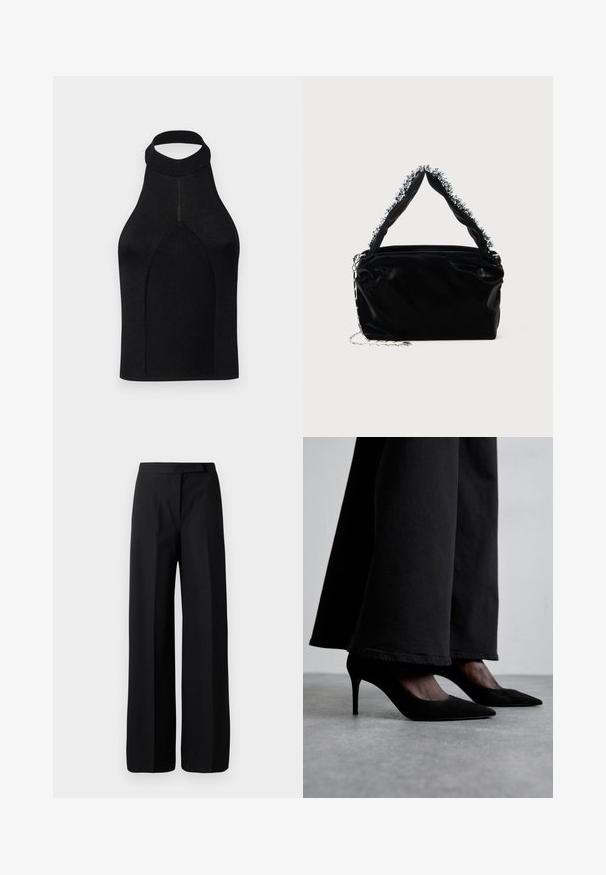Top a halter nero con silhouette aderente, realizzato in tessuto a costine. Presenta un collo alto e un design senza cuciture con una texture liscia.; Pantaloni neri a gamba ampia con una texture liscia e opaca. Vita piatta senza hardware o motivi visibili. Design semplice ed elegante.; Scarpe nere in suede con tacco alto e punta affilata, indossate con pantaloni neri a gamba larga, presentano un design elegante e una delicata lucentezza.; Borsa a tracolla nera in ecopelle con finitura testurizzata, caratterizzata da un accento in argento con perline lungo il manico superiore e una tracolla a catena.