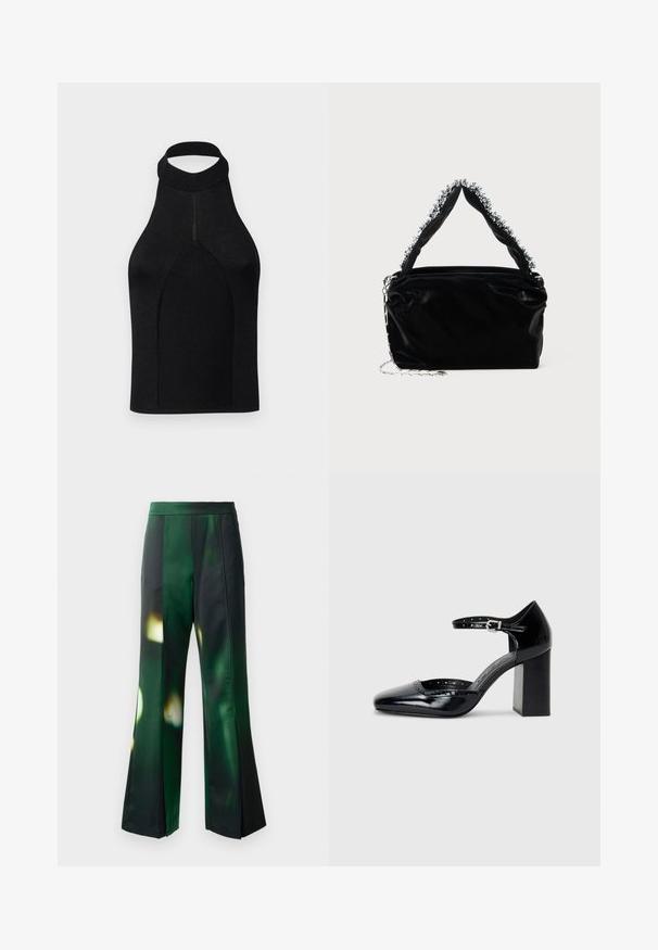 Haut halter noir avec une silhouette ajustée, fabriqué en tissu tricoté côtelé. Caractéristiques : col haut et design sans couture avec une texture lisse.; Pantalons évasés en tissu satin vert et noir avec un motif abstrait, présentant une texture lisse et une taille structurée.; Chaussures à talons hauts en cuir verni noir avec un bout carré, une bride de cheville et un talon épais. Comprend des détails perforés le long du bord.; Sac à main en simili cuir noir avec une finition texturée, doté d'un accent en perles argentées le long de la anse supérieure et d'une bandoulière en chaîne.