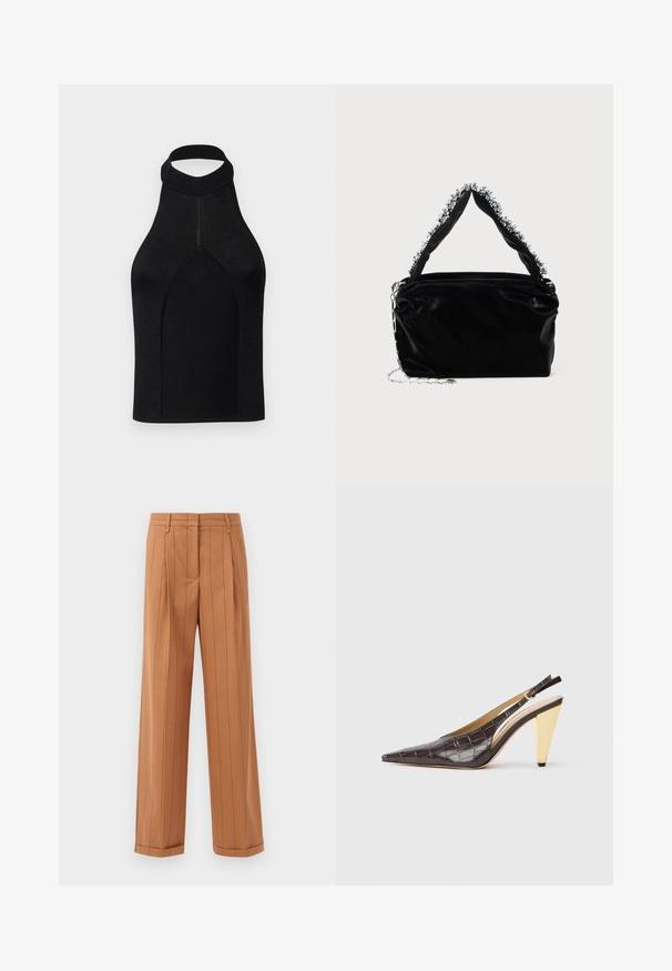 Melna halter top ar pieguļošu siluetu, izgatavota no ribota adījuma auduma. Ievērojams ar augsto kakla daļu un bezšuvju dizainu ar gludu tekstūru.; Brūni svītraini bikses ar pielāgotu dizainu, ar krokām, taisnu griezumu un aprocēm. Izgatavotas no gludas auduma.; Garinātā pīsma zole ar atvērtiem papēžiem, tumši brūnā spīdīgā mākslīgā krokodila ādā. Iezīmējas ar zelta krāsas ģeometrisku papēdi un regulējamu potītes jostu.; Melnā mākslīgās ādas rokassomu ar teksturētu apdari, kas piedāvā pērlītēm rotātu sudraba akcentu augšējā rokturī un ķēdes siksnu.