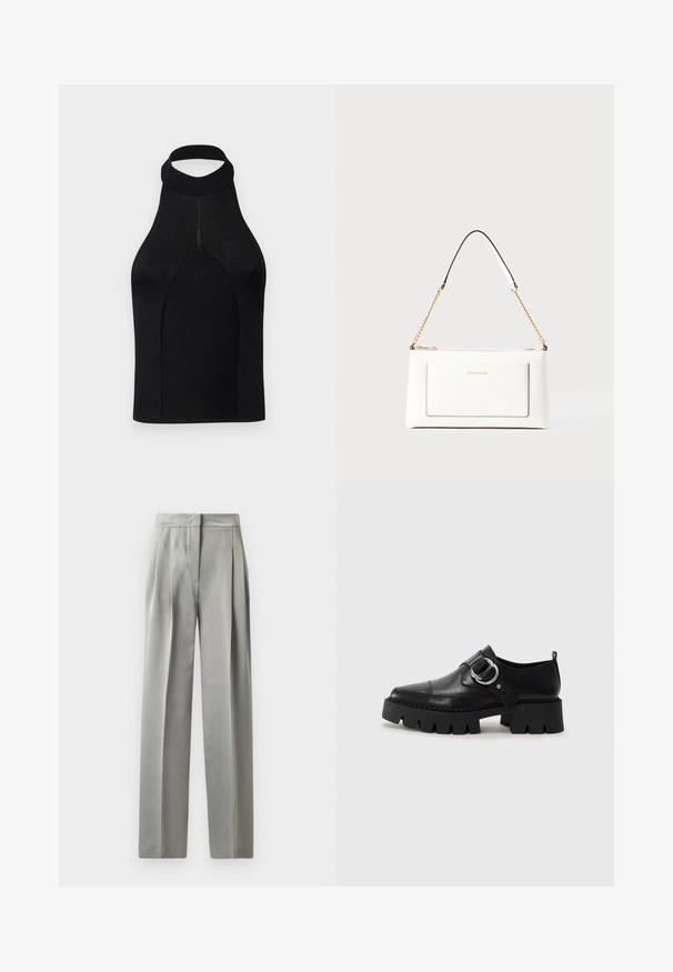 Svart halsremstopp med en tettsittende silhuett, laget av ribbestrikket stoff. Har høy nakke og sømløst design med en jevn tekstur.; Lysegrå skræddersyede bukser med en glat tekstur, der har folder fortil, et bredt ben-design og en tætsiddende talje.; Sorte læringssko med en kraftig ribbet såle, som har en sirkulær sølvfarget detalj og minimal sømdekorasjon.; Hvit lærveske med teksturert overflate, utstyrt med gullkjede for å bære over skulderen og svarte detaljer. Inkluderer en frontlomme og glidelås.