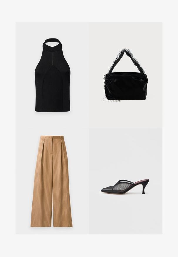Mustade rihmaga ülaosa, mis on kohandatud silueti ja ribatekstiilist. Omab kõrget kaela ja õmblusteta disaini, millel on sile tekstuur.; Laiad püksid heledas kangas, millel on vertikaalsed valged triibud. Omab kokku tõmmatud vöökohta ja siledat tekstuuri.; Mustad mustridest muulid terava varbaga, õhukeste rihmadega ja 3-tollise stiilse kontsaga. Omab läbipaistvat tekstuuri ja ühtlast tooni tallat.; Must mustrepp nahkakäekott, millel on tekstuuriga viimistlus, esitades pehme hõbedase aktsendi pealt käepideme juures ja kettainet.