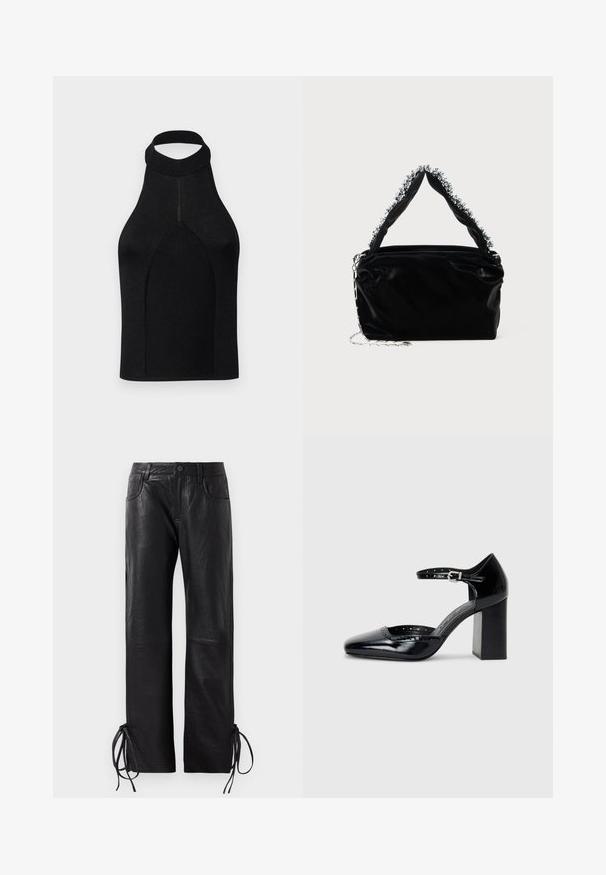 Sort halterneck-top med en tætsiddende silhuet, lavet af ribstrikket stof. Har en høj hals og en sømløs design med en glat tekstur.; Sorte læderbukser med en let struktureret overflade, straight-leg snit og justerbare snore ved kanten for tilpasningsdygtig pasform.; Sorte patenterede læder højhælede sko med firkantet tå, ankelrem og en kraftig hæl. Inkluderer perforerede detaljer langs kanten.; Sort faux læder håndtaske med en tekstureret overflade, der har en perlesmykke i sølv langs det øverste håndtag og en kædestrop.