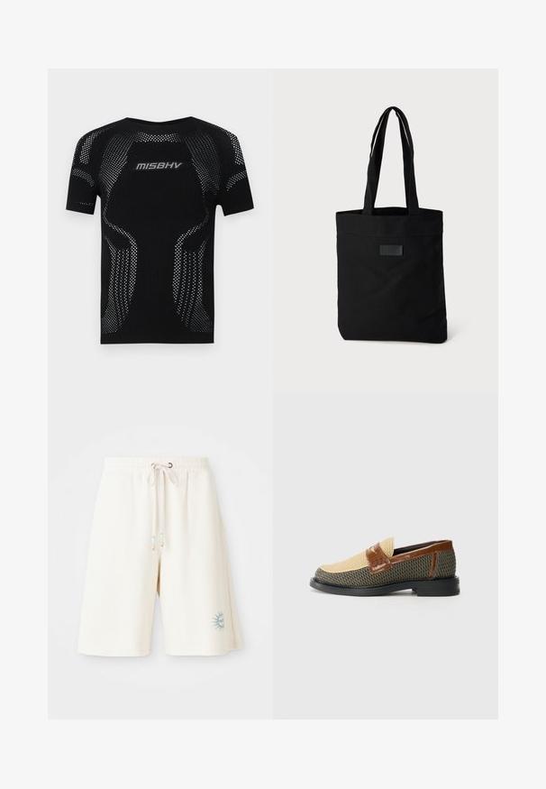 Top noir à manches courtes avec un tricot texturé et des détails en maille. Porte le logo "MISBHV" en argent à l'avant, mettant en valeur une coupe ajustée.; Shorts en crème clair en tissu texturé avec une taille élastique, un cordon de serrage ajustable, et un motif de soleil imprimé sur la jambe gauche.; Bottines texturées vertes et beiges avec un dessus tissé, une lanière en cuir marron et une semelle noire lisse. Accentuée par un détail à motif sur la lanière.; Sac fourre-tout noir en toile avec deux poignées, doté d'un dessus plat, d'une surface texturée et d'un petit logo en relief à l'avant.
