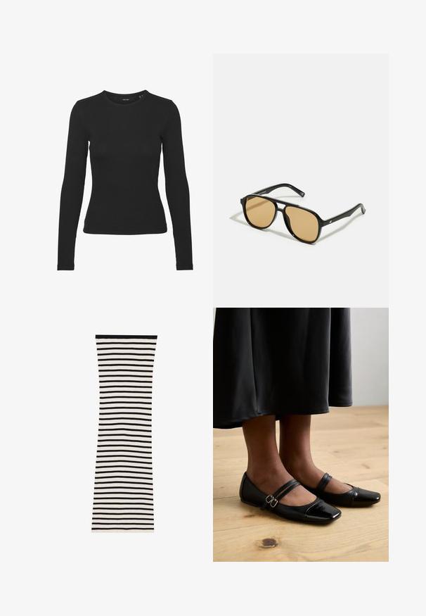 Juoda ilgomis rankovėmis marškiniai, pagaminti iš raukšlėtos medžiagos. Jame yra apvalus iškirpimas ir prigludusi forma be matomų raštų ar akcentų.; Juodos ir baltos juostelės ribotuvas su prigludusia forma, kuriuose yra horizontalios juostelės ir tvirta juoda apykaklė.; Juodos lakuotos lygios odos bateliai su kvadratiniu pirštu, turintys dvi dirželius su sagtimis. Padas plokščias ant šviesių medinių grindų.; Juodi saulės akiniai su rudais lęšiais; stačiakampio formos, su storu rėmu, įskaitant subtilias detales ant šventyklų.