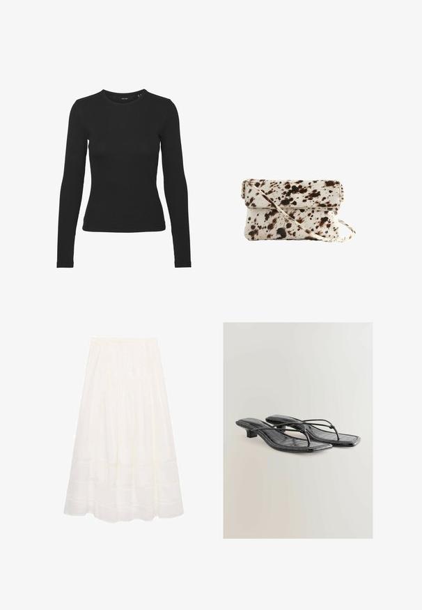 Sort langærmet skjorte lavet af ribbet stof. Den har en rund halsudskæring og et tætsiddende design uden synlige mønstre eller accenter.; Hvid, midi-længde nederdel lavet af letvægtsstof med en Gathered talje, der har subtile vandrette sømdetaljer og en flagrende silhuet.; Sorte patenteret faux læder hælede sandaler med firkantet tå, tynde stropper og krokodillemønster. Lav blokhæl design.; Cowhide taske med en cremet base og mørkebrune pletter, rektangulær form, fold-over læbe og en aftagelig skulderrem.
