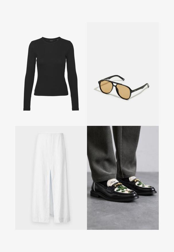 Czarna koszula z długim rękawem, wykonana z prążkowanej tkaniny. Posiada okrągły dekolt i dopasowany krój bez widocznych wzorów czy akcentów.; Biała midi spódnica w pionowe szare paski, z przodu z rozcięciem. Wykonana z lekkiego materiału, oferuje luźny, ale jednocześnie zorganizowany kształt.; Czarne skórzane loafersy z dekoracyjną górną częścią z zielonego i białego materiału. Zawierają złoty akcent w postaci łańcucha oraz teksturowaną czarną podeszwę.; Czarne okulary przeciwsłoneczne z brązowymi szkłami; prostokątny kształt z grubą oprawą, z delikatnymi akcentami na zausznikach.