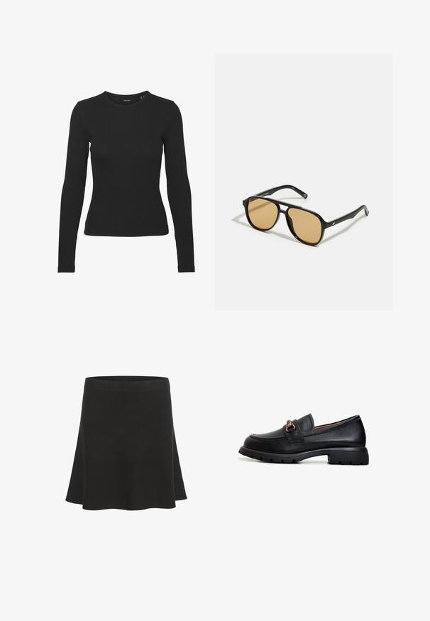 Schwarzes Langarmshirt aus geripptem Stoff. Es hat einen runden Ausschnitt und eine figurnahe Passform ohne sichtbare Muster oder Akzente.; Schwarzer, ausgestellter Minirock aus weichem Material mit glatter Textur und einem breiten Bund. Hat ein einfaches Design ohne Muster oder Akzente.; Schwarze Lederloafer mit abgerundeter Zehe, dekorativem goldenen Zubehör und einer robusten Gummisohle mit strukturiertem Griffmuster.; Schwarze Sonnenbrille mit braun getönten Gläsern; rechteckige Form mit einem dicken Rahmen, einschließlich subtiler Hardware-Akzente an den Bügeln.