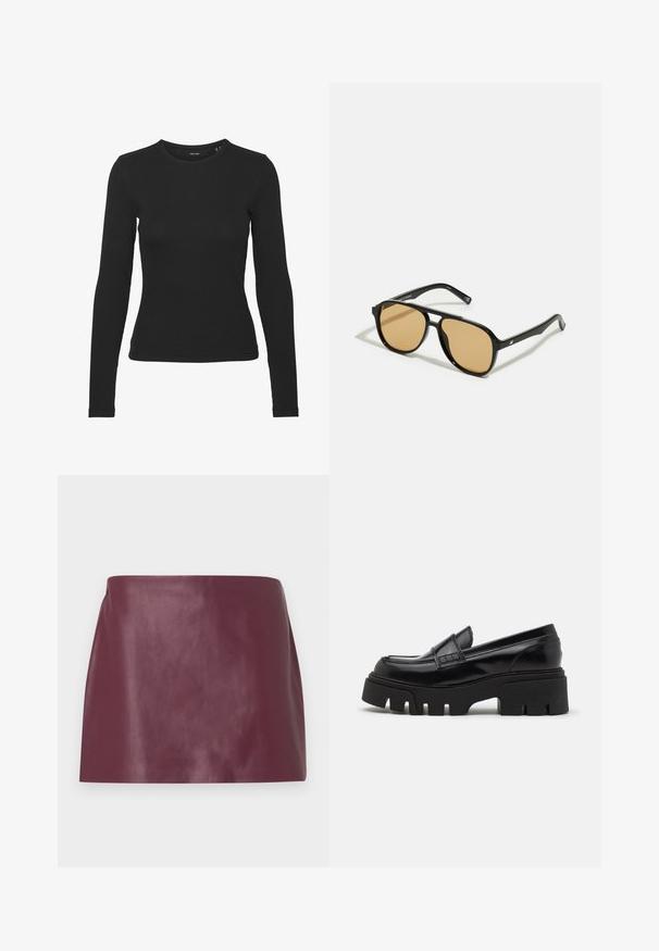 Schwarzes Langarmshirt aus geripptem Stoff. Es hat einen runden Ausschnitt und eine figurnahe Passform ohne sichtbare Muster oder Akzente.; Minirock aus glattem burgunderfarbendem Leder mit geradem Schnitt und ohne sichtbare Verzierungen oder Verschlüsse.; Schwarze Lederloafer mit einer massiven, strukturierten Plateausohle und einem dekorativen Riemen über dem Obermaterial. Glatte, glänzende Oberfläche.; Schwarze Sonnenbrille mit braun getönten Gläsern; rechteckige Form mit einem dicken Rahmen, einschließlich subtiler Hardware-Akzente an den Bügeln.; Braune geflochtene Clutch mit strukturierter Oberfläache, goldfarbener Hardware und dekorativen Nieten entlang der Kanten. Besitzt einen Kettenriemen.