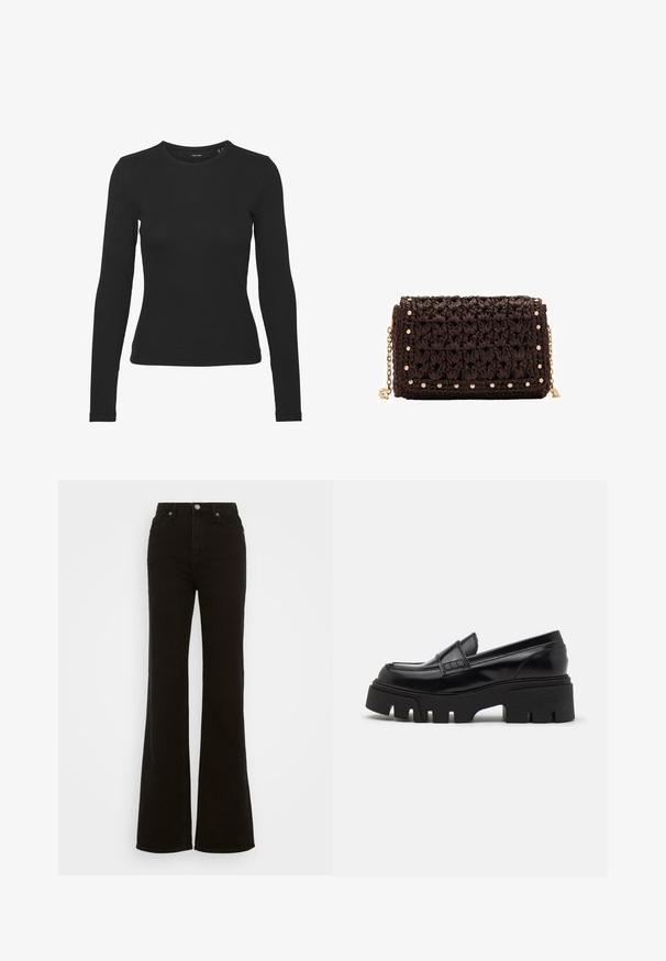 Black long-sleeve shirt made of ribbed fabric. It features a round neckline and fitted design without visible patterns or accents.; High-waisted black flared jeans made of denim, featuring a button closure, side pockets, and a smooth texture.; Black leather loafers with a chunky textured platform sole and a decorative strap across the upper. Smooth, glossy finish.; Brown woven clutch bag with a textured finish, gold-tone hardware, and decorative studs along the edges. Features a chain strap.