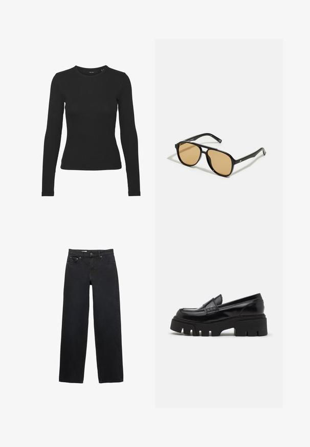 Cămașă lungă neagră cu mâneci lungi, confecționată dintr-un material ribbed. Are un decolteu rotund și un design ajustat, fără modele sau accente vizibile.; Jeans negre cu croi larg, fabricate din denim, având cinci buzunare, închidere cu nasture, cusături subtile și un tăiat drept de la talie până la poale.; Mocasini din piele neagră cu o talpă platformă texturată și groasă și o curea decorativă deasupra. Finisaj neted și lucios.; Ochelari de soare negri cu lentile de culoare maro; formă rectangulară cu un cadru gros, inclusiv accente hardware subtile pe mânere.; Geantă plic împletită, de culoare maro, cu un finisaj texturat, accesorii din metal auriu și cu detalii decorative sub formă de cuie pe margini. Dispune de o curea din lanț.