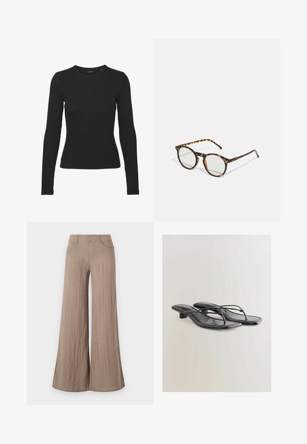 Musta pitkähihaisen paita ribbindingestä. Siinä on pyöreä pääntie ja tiukka malli ilman näkyviä kuvioita tai korostuksia.; Vaaleanruskeat leveälahkeiset housut, joissa on teksturoitu pinta, korkea vyötärö, etutaskut ja ilmava, löysä siluetti.; Mustat tekonahkaiset avokkaat, joissa on krokotiilitekstuuri, neliönmuotoinen kärki ja matala korko. Ominaisuuksiin kuuluu ohuet hihnat, jotka yhdistävät pohjan.; Pyöreät aurinkolasit, joissa on kilpikonnakuosi ja kirkkaat linssit. Ominaisuuksina paksu, kevyt kehys ja hoikat sanganpäät.; Kangaskäyttöinen olkalaukku vaaleanruskeana, jossa on rento muotoilu, ja edessä metalliset niitit yksityiskohtina sekä yksittäinen, leveä hihna.