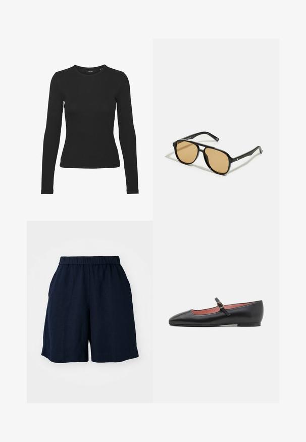 Černé triko s dlouhým rukávem vyrobené z ribované látky. Má kulatý výstřih a přiléhavý střih bez viditelných vzorů nebo akcentů.; Námořnické modré šortky s elastickým pasem, vyrobené z lehkého materiálu. Mají volný střih a boční kapsy pro praktičnost.; Černá kožená plochá bota s špičatou špicí a kotníkovým páskem s zlatou sponou. Hladký povrch s mírně lesklým finish.; Černé sluneční brýle s hnědými tónovanými čočkami; obdélníkový tvar s tlustým rámem, včetně jemných kovových akcentů na stranách.; Hnědá pletená kabelka s texturovaným povrchem, zlatými kovovými prvky a dekorativními cvočky podél okrajů. Obsahuje řetízkový popruh.