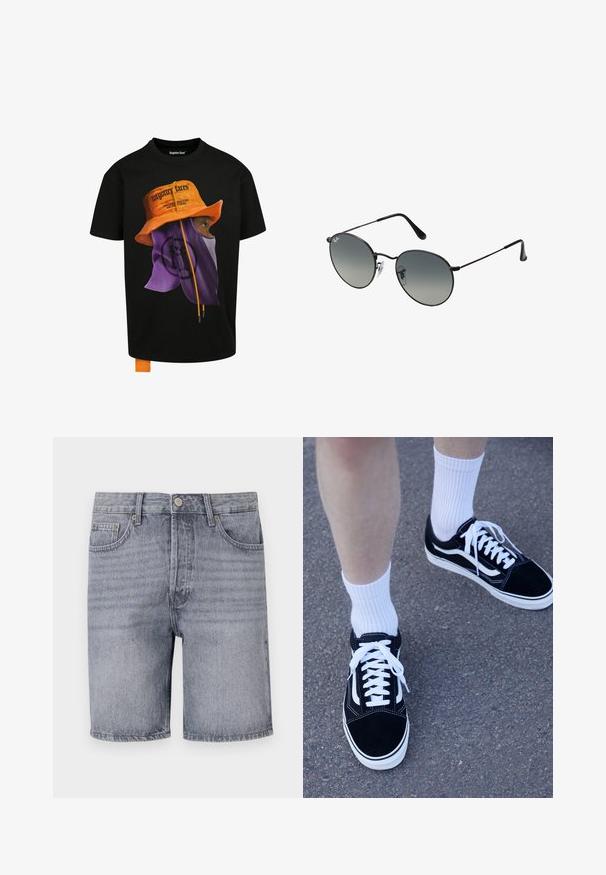 Black t-shirt featuring a graphic of a person wearing an orange bucket hat and purple mask. Includes orange drawstrings and logo accents.; Denim shorts in light gray with a classic cut, featuring five pockets, a button closure, and slightly faded texture.; Black suede sneakers with white accents and laces, paired with white ribbed crew socks, positioned on a textured gray surface.; Black metal sunglasses with round gradient lenses, featuring thin temples and clear nose pads for a comfortable fit.