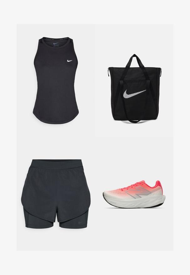 Mustapohjainen urheilutoppi, joka on valmistettu kosteutta siirtävästä materiaalista. Siinä on pyöreä kaula-aukko, slim fit -muotoilu ja valkoinen Nike-logo rinnassa.; Mustat urheilushortsit kerroksellisella designilla, joissa on sileä ulkopinta ja tiukasti istuvat sisäshortsit. Valmistettu kevyestä, joustavasta kankaasta.; Urheilujalkine, jossa on vaaleanpunainen ja valkoinen gradienttiverkkopinta, hopeinen logo, pehmustettu pohja ja teksturoitu kumipohja.; Musta nailoninen kassi, jossa on kaksi tukevua kahvaa ja vetoketjukiinnitys. Erityinen valkoinen Nike-swoosh-logo on esillä vaakasuunnassa raidallisessa muotoilussa.
