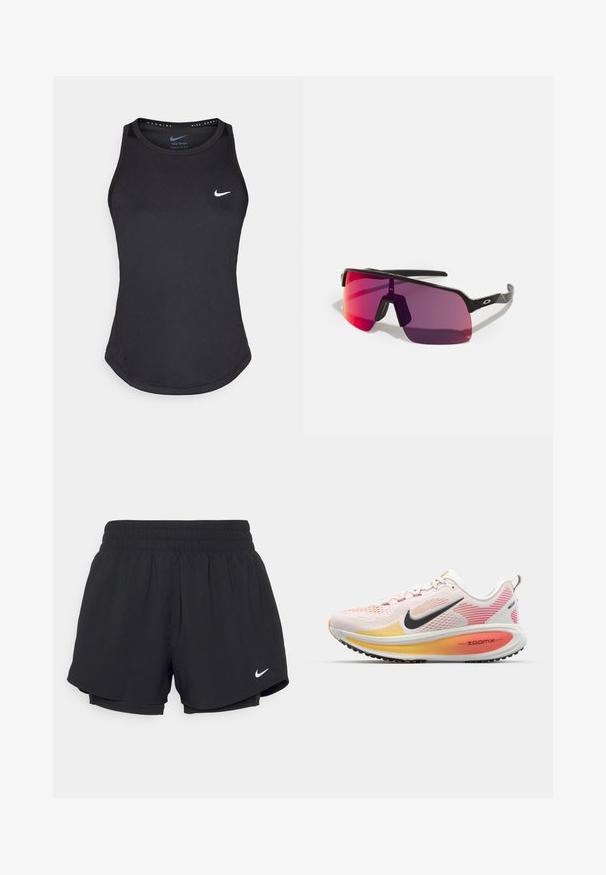 Svart atletisk tanktopp laget av fukttransporterende materiale. Har rund hals, slim fit og hvit Nike-logo på brystet.; Svarte idrettsshorts med samlet elastisk midje, indre fôr og hvit Nike-logo nederst til venstre. Jevnt, lett stoff.; Nike Performance VOMERO 18 - Løpesko for vei - white/black/bright crimson/laser orange/light crimson; Sorte sports solbriller med rosa til lilla gradientlinser og et strømlinjeformet geometrisk design. Har justerbar nesebro og logoakkent på armen.