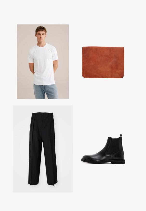 Joven con cabello castaño claro que lleva una camiseta blanca de manga corta y jeans azul claros, frente a un fondo beige.; Pantalones negros plisados con un diseño recto y de pierna ancha. Fabricados en una tela suave, presentan un cierre de botón y trabillas para el cinturón.; Botas Chelsea negras de cuero con paneles laterales elásticos y un tirador. Textura suave, punta redondeada, suela plana de goma.; Carpeta de cuero marrón con una textura suave, forma rectangular y costuras visibles a lo largo de los bordes. Sin herrajes ni patrones.