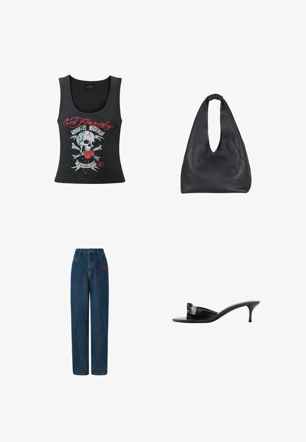 Top sin mangas negro con un atrevido gráfico de calavera y tibias cruzadas con un corazón, acentos multicolores y el texto "Love Dies Hard".; Jeans de mezclilla azul oscuro con cintura alta, corte de pierna ancha, bolsillos frontales y logo bordado en rojo en el lado izquierdo. Diseño limpio y clásico.; Mules negros de cuero sin cordones con un lazo decorativo, punta abierta y un tacón alto delgado. Textura suave y diseño minimalista.; Bolso hobo de cuero negro con un diseño suave, que presenta un asa superior fruncida, detalles en las costuras laterales y un acabado de textura suave.