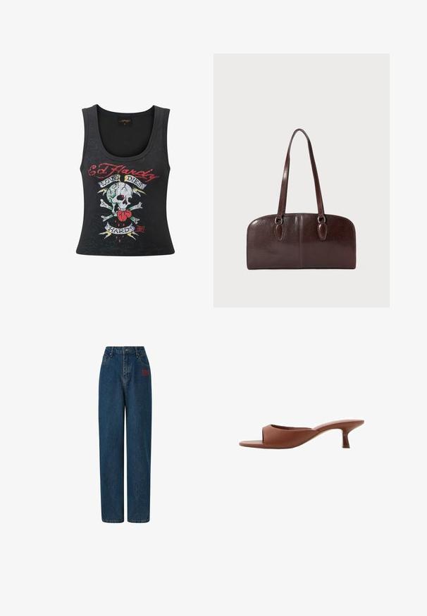 Sort ærmeløs tanktop med et dristigt dødningehoved og korsfakta-tryk med et hjerte, flerfarvede accenter og teksten "Love Dies Hard".; Mørkeblå denim jeans med høj talje, bred benpasform, frontlommer og rød broderet logo på venstre side. Rent, klassisk design.; Brune åbne tå hæle mules med en glat, mat finish, der har et buet design og en gennemsigtig, afsmalnende hæl.; Brun lædertaske med to lange håndtag, en struktureret rektangulær form, glat tekstur og afrundede kanter. Har accentdetaljer ved håndtagene.