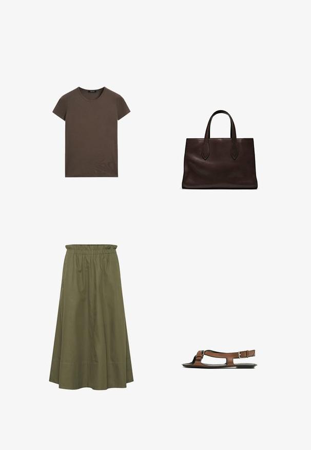 Braun T-Shirt mit kurzen Ärmeln aus weichem Baumwollmaterial, mit rundem Halsausschnitt und schlichtem Design ohne zusätzliche Muster oder Akzente.; Olivgrüne Baumwollskirt mit elastischem Bund, knielangem Design und seitlichen Taschen. Glatte Textur und einfache, fließende Form.; Braune Leder-Sandale mit offener Zehenpartie und seitlichen Ausschnitten. Sie verfügt über einen Knöchelriemen mit einer metallischen Schnalle und eine flache Sohle.; Braune Ledertasche mit zwei langen Griffen, strukturierte rechteckige Form, glatte Textur und dezente Nähdetails.