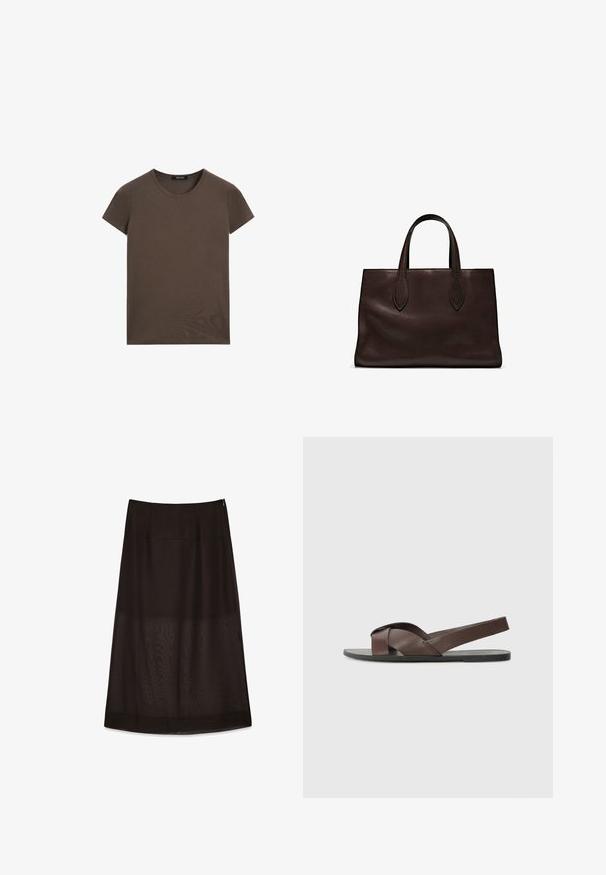 Brown short-sleeve T-shirt made of soft cotton, featuring a round neckline and a plain design without additional patterns or accents.; Black midi skirt with a smooth fabric finish, featuring a subtle sheen, a concealed side zipper, and a flowing, A-line shape.; Brown leather sandal with a cross-strap design, flat black sole, and adjustable back strap. Smooth texture and minimal hardware details.; Brown leather tote bag with two elongated handles, structured rectangular shape, smooth texture, and subtle stitching details.