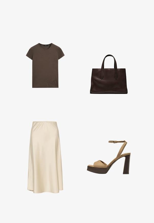 Brown short-sleeve T-shirt made of soft cotton, featuring a round neckline and a plain design without additional patterns or accents.; Beige satin A-line skirt with an elastic waistband, smooth texture, and a flowing silhouette, tapering gently towards the hem.; Beige suede high-heeled sandals with a wide front strap and ankle strap, featuring a chunky wooden block heel with a textured finish.; Brown leather tote bag with two elongated handles, structured rectangular shape, smooth texture, and subtle stitching details.