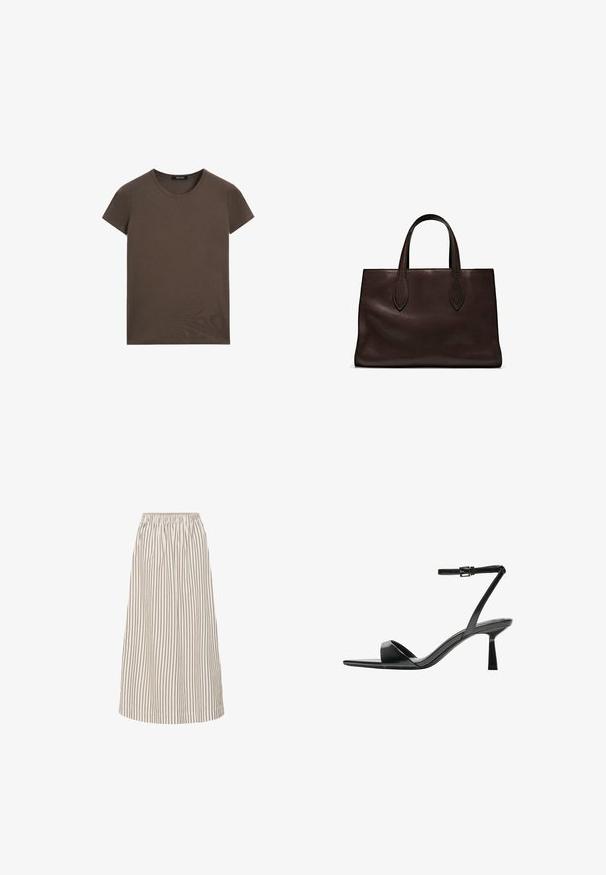 Bruine T-shirt met korte mouwen, gemaakt van zachte katoen, met een ronde halslijn en een eenvoudig ontwerp zonder extra patronen of accenten.; Lichte A-lijn midi rok in crème met dunne bruine verticale strepen. Beschikt over een elastische tailleband en een gladde, vloeiende stof.; Bershka Sandalen met hoge hak - black; Bruine leren tote bag met twee verlengde handvatten, gestructureerde rechthoekige vorm, gladde textuur en subtiele stiksels.