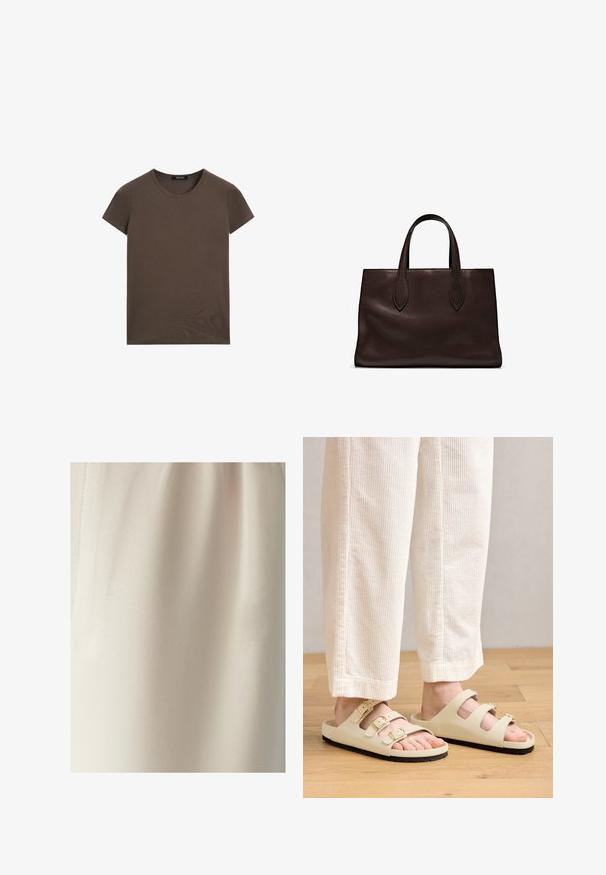 Bruine T-shirt met korte mouwen, gemaakt van zachte katoen, met een ronde halslijn en een eenvoudig ontwerp zonder extra patronen of accenten.; Beige stof met fijne textuur en subtiele glans, met natuurlijke plooien en een verticale naaddetail aan de linkerkant.; Lichtbeige sandalen met drie verstelbare banden met metalen gespen, een gewatteerde voetbed en een zwarte rubberen zool.; Bruine leren tote bag met twee verlengde handvatten, gestructureerde rechthoekige vorm, gladde textuur en subtiele stiksels.