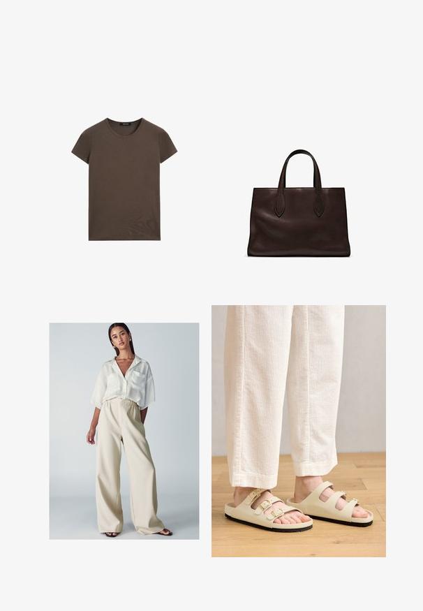 Bruine T-shirt met korte mouwen, gemaakt van zachte katoen, met een ronde halslijn en een eenvoudig ontwerp zonder extra patronen of accenten.; Jonge vrouw in losse crèmekleurige wijde broek, wit oversized knoopshirt met korte mouwen en zwarte open-toe sandalen.; Lichtbeige sandalen met drie verstelbare banden met metalen gespen, een gewatteerde voetbed en een zwarte rubberen zool.; Bruine leren tote bag met twee verlengde handvatten, gestructureerde rechthoekige vorm, gladde textuur en subtiele stiksels.